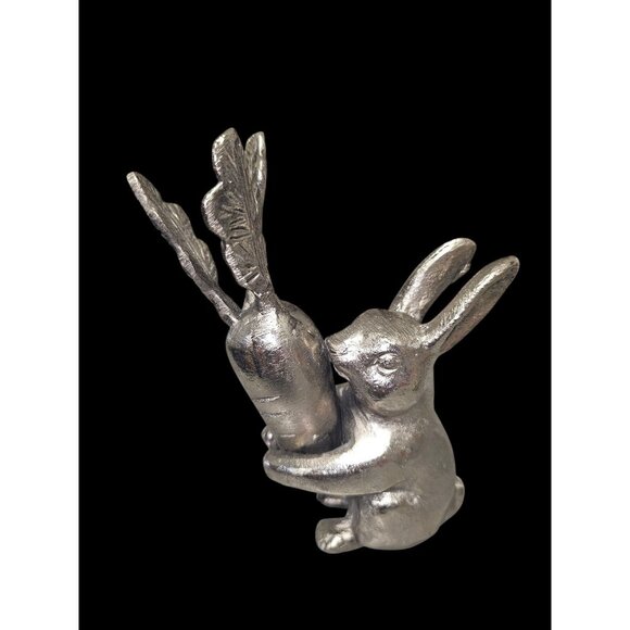 Silver toned Rabbit Hugging Carrot Figurine 6" Easter Bunny - Picture 11 of 13